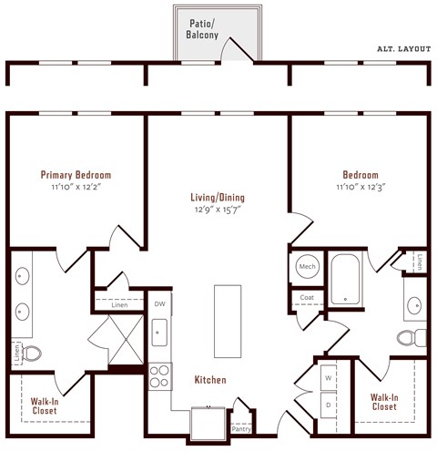 Floor plan for 2 beds, 2 baths, 1105 sqft